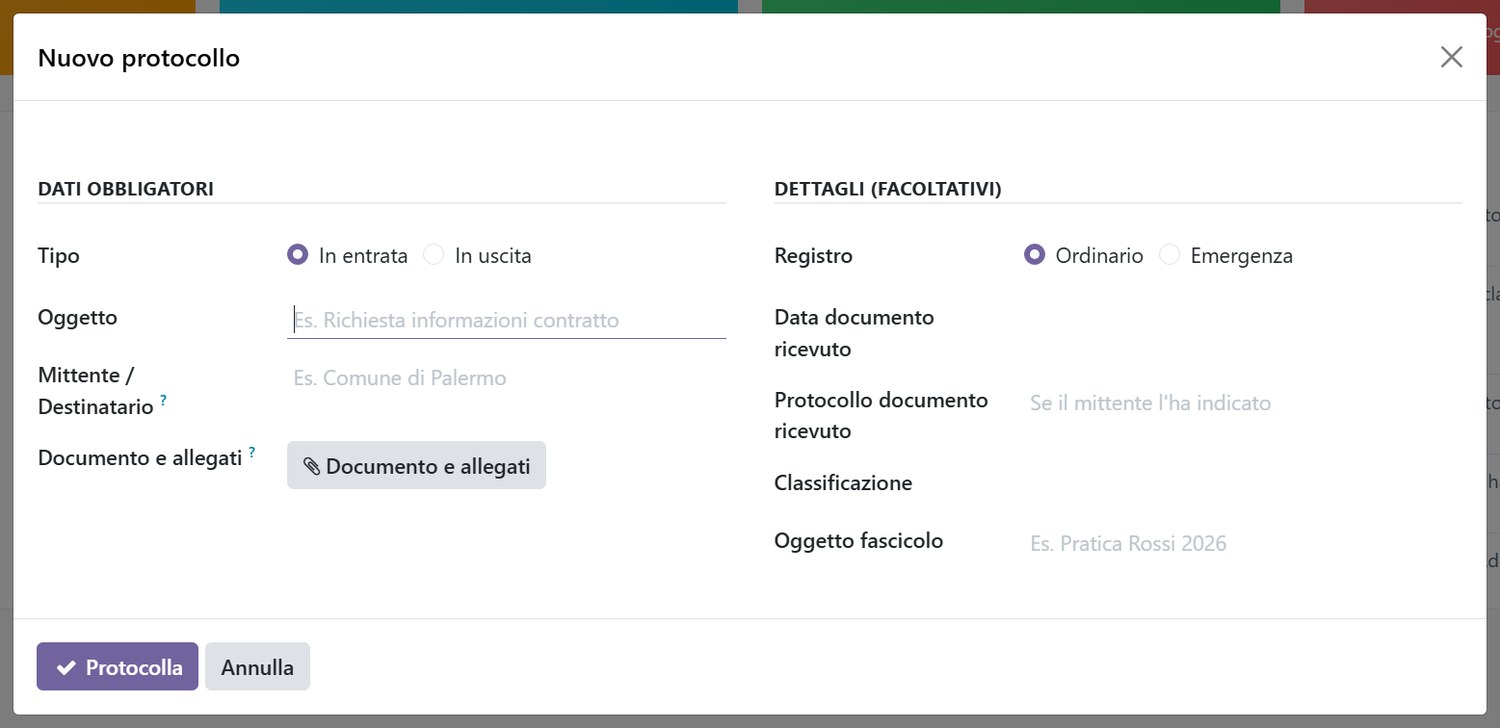Registrazione di un nuovo protocollo: dati obbligatori, dettagli facoltativi e registro.