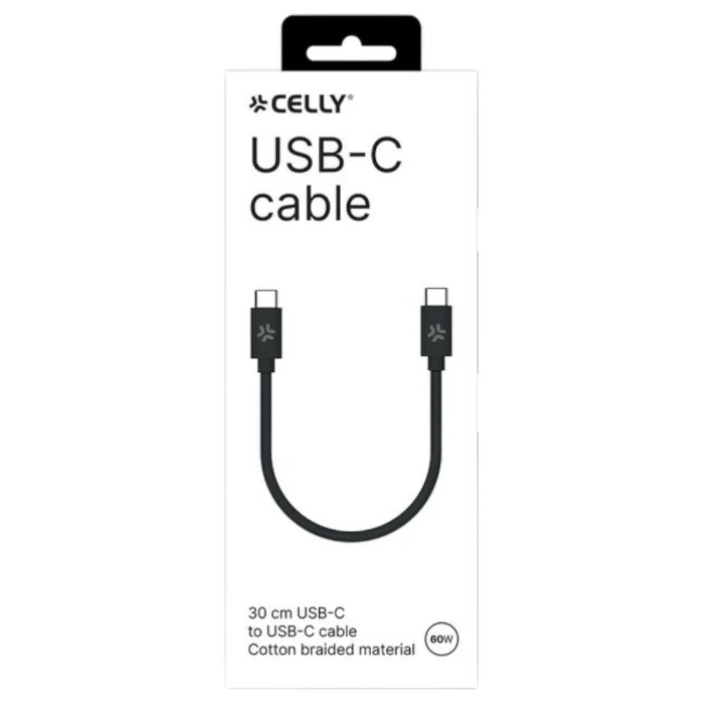 Celly 60W USB-C > USB-C Katoen Gevlochten Kabel 30cm USBCUSBCCOT30BK (2)