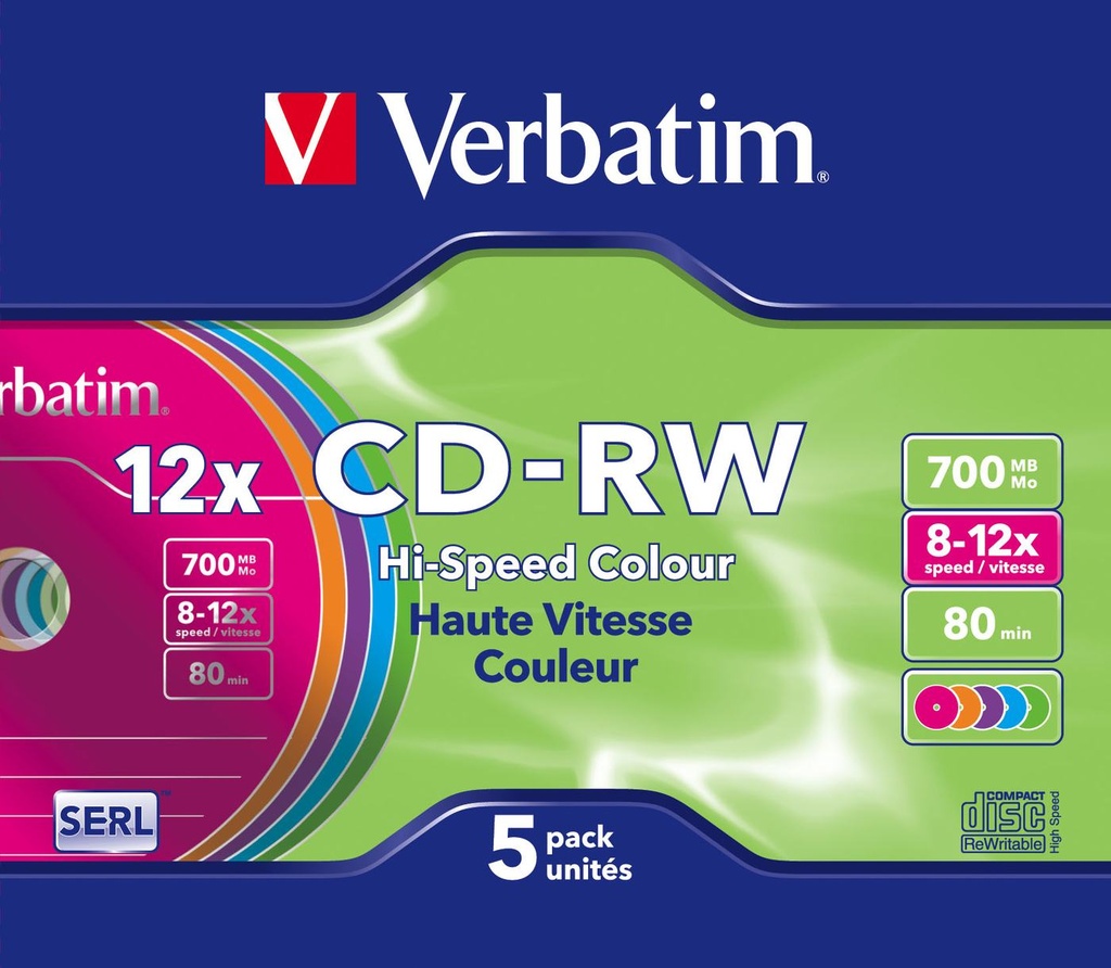 CD-RW 700MB 12X COLOR SLIM CASE 5PZ